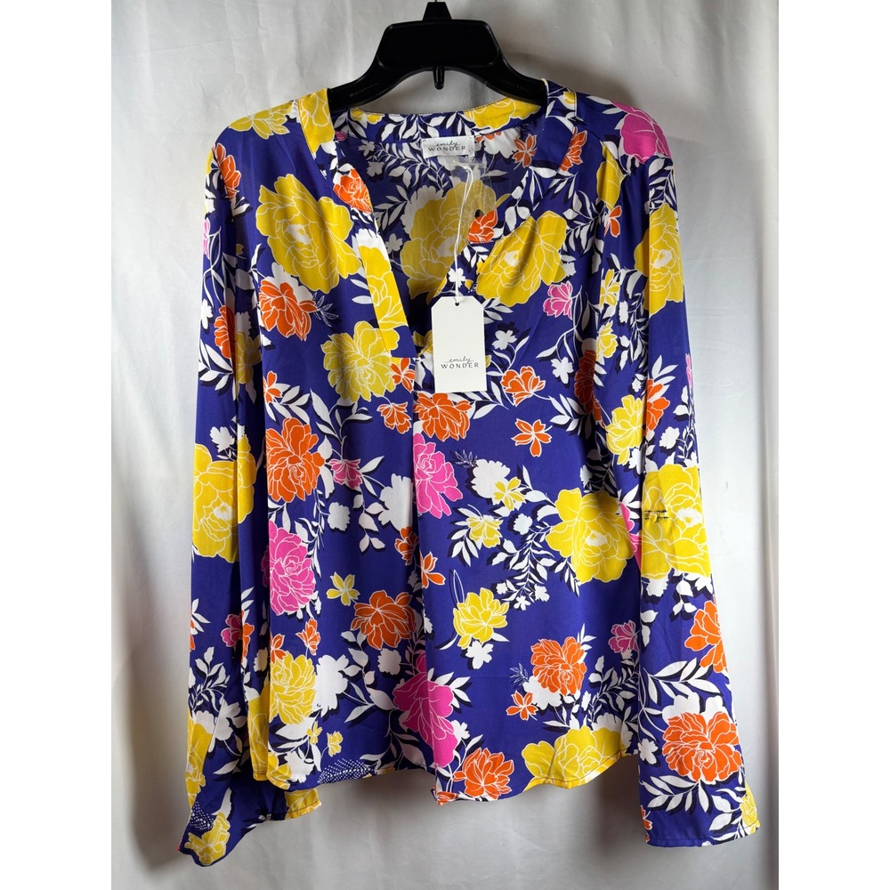 Emily Wonder Womens Floral V-Neck Long Sleeve Blouse Purple Yellow Large New